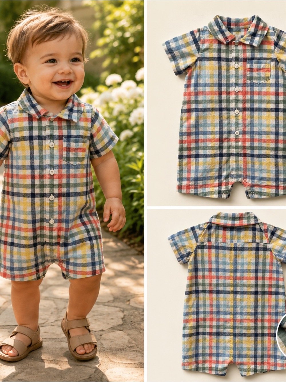 Carter’s Baby Romper Boys 18 Months Plaid Preppy Short Sleeve Collared One Piece